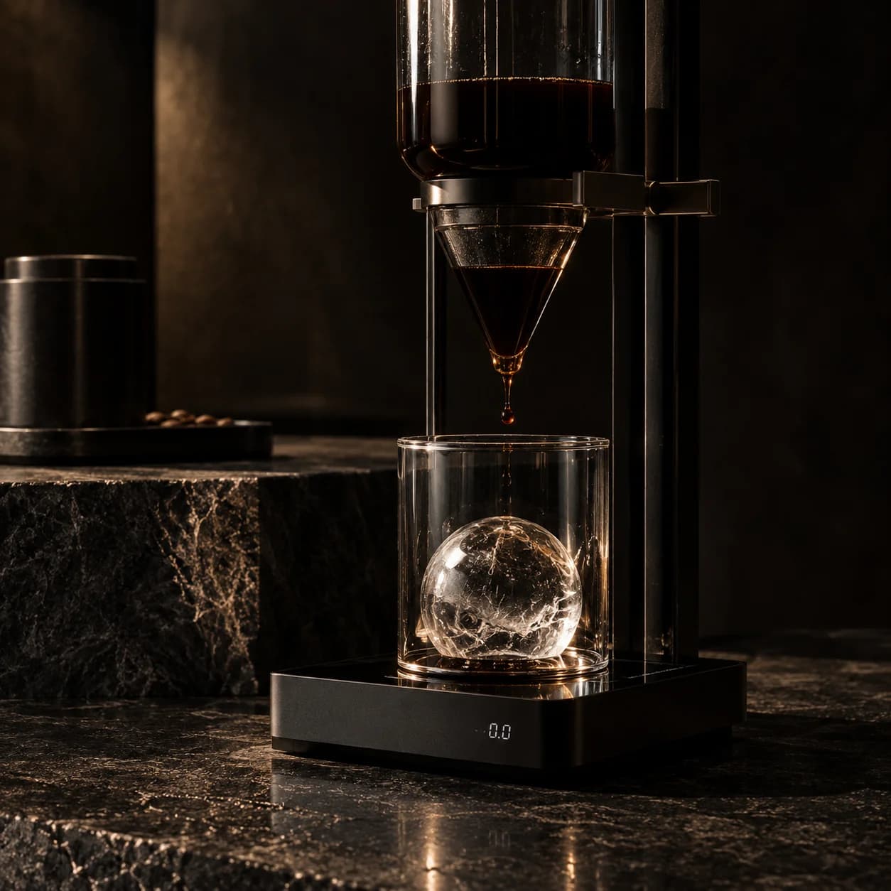 Cinematic Cold Brew Coffee Poured Over Ice Block